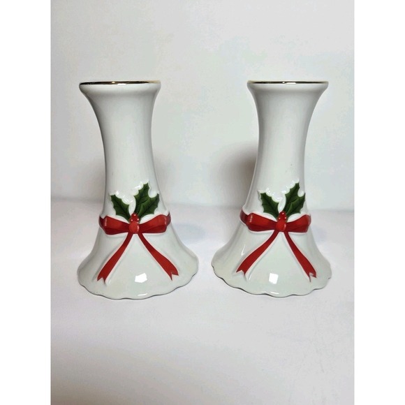 Vintage 1986 Mount Clemens Pottery Ribbon‎ And Holly Candle Holder Set Christmas - Picture 1 of 9